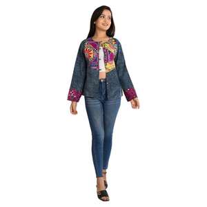 Chaqueta de Mezclilla Hecha a Mano con Estampado Transpirable y Bordado para Mujer, Abrigo de Longitud Regular con Forro de Algodón, Ropa Casual de Otoño para Fiestas - Product Image 1
