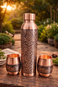 Botella de Cobre Puro, Botella de Cobre Ayurvédica, Botella de Cobre Grabada, Botella de Agua de Cobre Martillado, Botella de Cobre con Vidrio - Product Image 6