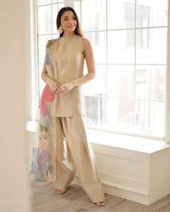 Vestido informal de 3 piezas para mujer, Farshi pakistaní, indio, Punjabi, ajustado, Patiala, Shalwar, cierre de botón, sólido, ecológico, Natural - Product Image 6