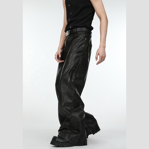 Pantalon large pour homme en PU noir, taille haute, avec ceinture, style streetwear décontracté - Product Image 3