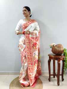 Banarasi estilo hermoso Meenakari trabajo suave seda blanco Saree diseñador indio tradicional boda fiesta Festival desgaste para mujeres - Product Image 2