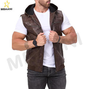 Gilet en simili cuir vintage pour homme, veste zippée, gilet classique hipster avec capuche, veste sans manches - Product Image 2