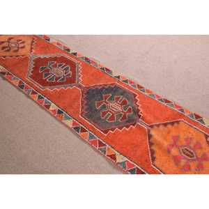 3.1x12 ft Vintage <b>Rug</b>, Turkish <b>Runner</b> <b>Rug</b>, Orange Gray Bordered Wool <b>Rug</b> - Product Image 3