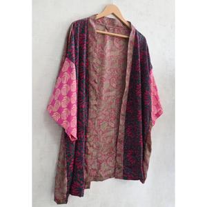 Women Plus Size Breathable Knee Length Short <b>Silk</b> <b>Kimono</b> Robe Patchwork Indian Print Lounge Wear - Product Image 2