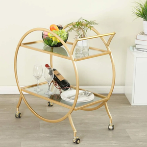 Carrito de Servicio Circular de Dos Niveles de Metal Dorado y Vidrio, Estilo Contemporáneo, Disponible a Precios de Mayoreo - Product Image 1