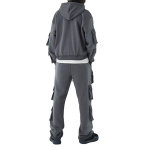 Sweat à capuche zippé homme en coton 100% de haute qualité, coupe ample et carrée, style vintage, tissé, délavé à l'acide, avec poche kangourou et cordon de serrage, multi-poches, pour l'hiver - Product Image 2