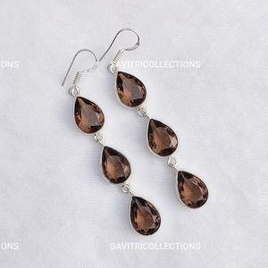 Pendientes Colgantes de Cuarzo Ahumado con Múltiples Piedras, Chapados en Plata 925, Joyería de Lujo Hecha a Mano para Fiestas y Eventos - Product Image 2