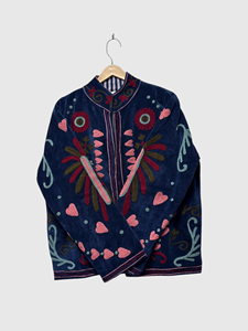 Pink Embroidered Cotton Jacket Full Sleeve Mandarin Collar Floral Pattern Plus Size Women'<b>s</b> Spring Wear - Product Image 2