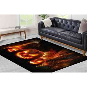 Tapis d'horreur Citrouille : Décoration d'Halloween noire et orange, tapis fin non tissé - Product Image 1