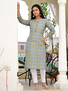 Women's Gray Floral Printed Straight Collarless Cotton Kurti Three Quarter Sleeve Casual Ethnic Party Wear Quick Dry - Product Image 3