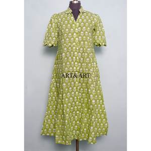 Vestido Midi de Algodón Indio con Estampado a Mano, Cuello en V, para Mujer, Ideal para Fiestas, Mangas Cortas, Corte en A, para Vacaciones de Verano en la Playa - Product Image 1