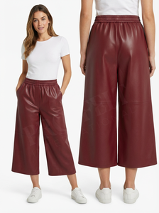 Custom Clothing Leather Cropped <b>Trousers</b> Women Elastic Waist Pocket Fashion Style Wear Everyday Comfort Fit Trend Leather Pants - Product Image 5