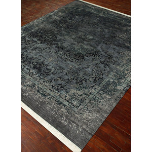 พรมขนสัตว์ผสมไหมถักมือ Far East Skrt-814 สีเทา-ดำ ลายดอกไม้ สำหรับห้องนั่งเล่น ห้องโถง ทางเดิน รูปทรงสี่เหลี่ยมผืนผ้า ดีไซน์แบบจิ๊กซอว์ - Product Image 2