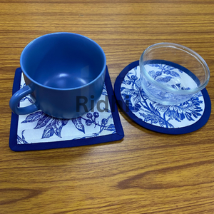 Ensemble de dessous-de-verre en coton écologique imprimé à la main, avec passepoil matelassé, bleu progressif, 5x5 pouces, tapis pour tasse à thé, décoration de table bohème - Product Image 1