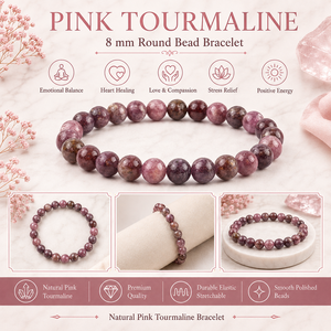 สร้อยข้อมือลูกปัดกลมทัวร์มาลีนสีชมพูธรรมชาติขนาด 8 มม. เพื่อความรัก ความสมดุลทางอารมณ์ และความมั่นใจ - Product Image 1