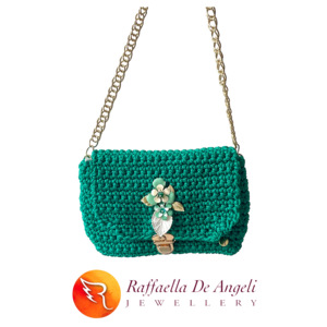 Bolso de mano de ganchillo de algodón verde Flores Patrón geométrico Moda de verano Correa de un solo hombro Cierre de botón Hecho a mano Italia - Product Image 3