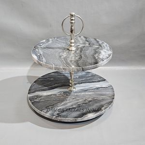 Support à gâteau en marbre gris à deux niveaux de luxe avec poignée argentée pour les collations au dessert et les biscuits et l'affichage élégant de la décoration intérieure - Product Image 4
