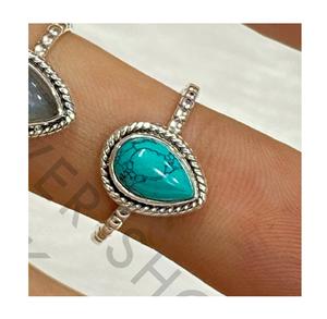 แหวนเงินแท้ 925 ทำมือ ประดับด้วยพลอยลาบราโดไรต์ทรงหยดน้ำและพลอยเทอร์ควอยซ์ ตัวเรือนแบบฝังขอบ คอลเลคชั่นล่าสุดสำหรับสาวๆ - Product Image 1