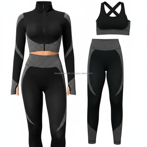 Conjunto de Yoga de 3 Piezas para Mujer, Diseño Personalizado OEM, Textura de Panal, Chaqueta con Cierre Completo, Sujetador Deportivo Cruzado y Leggings de Cintura Alta para Gimnasio - Product Image 1
