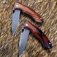 Couteau pliant Crucible Wootz Steel 60 HRC, traité thermiquement sous vide, manche en bois de fer du désert, 18 cm, ouverture par flipper, trou pour le pouce, couteau de poche