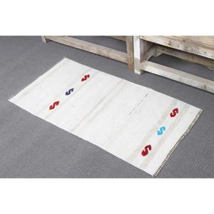 Tapis turc vintage, petit tapis de 1,7 x 3,2 pieds, tapis en laine blanc et rouge à carreaux - Product Image 4
