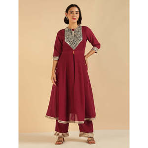 Conjunto de Túnica Bordada de Georgette Color Granate y Pantalones Palazzo para Mujer, Manga Tres Cuartos, Tela de Chifón, Elegante - Product Image 6