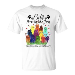 T-shirt stampata per amanti dei gatti con la scritta 'I gatti mi fanno gioia, gli umani mi fanno male alla testa' per proprietari di gatti e chi si lamente! - Product Image 1