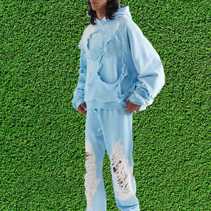 Survêtement unisexe respirant pour homme, style streetwear hiver, avec broderie et patchs effet usé, comprenant un sweat à capuche zippé et un pantalon évasé, finition effet acide - Product Image 6