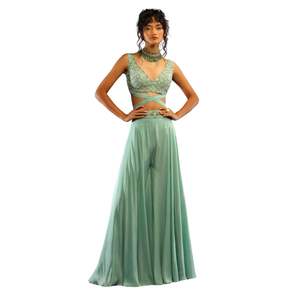 Palazzo verde marino y Top corto con correas envolventes, venta al por mayor, Ropa Étnica para mujer, proveedor de fábrica de ropa OEM personalizado - Product Image 4