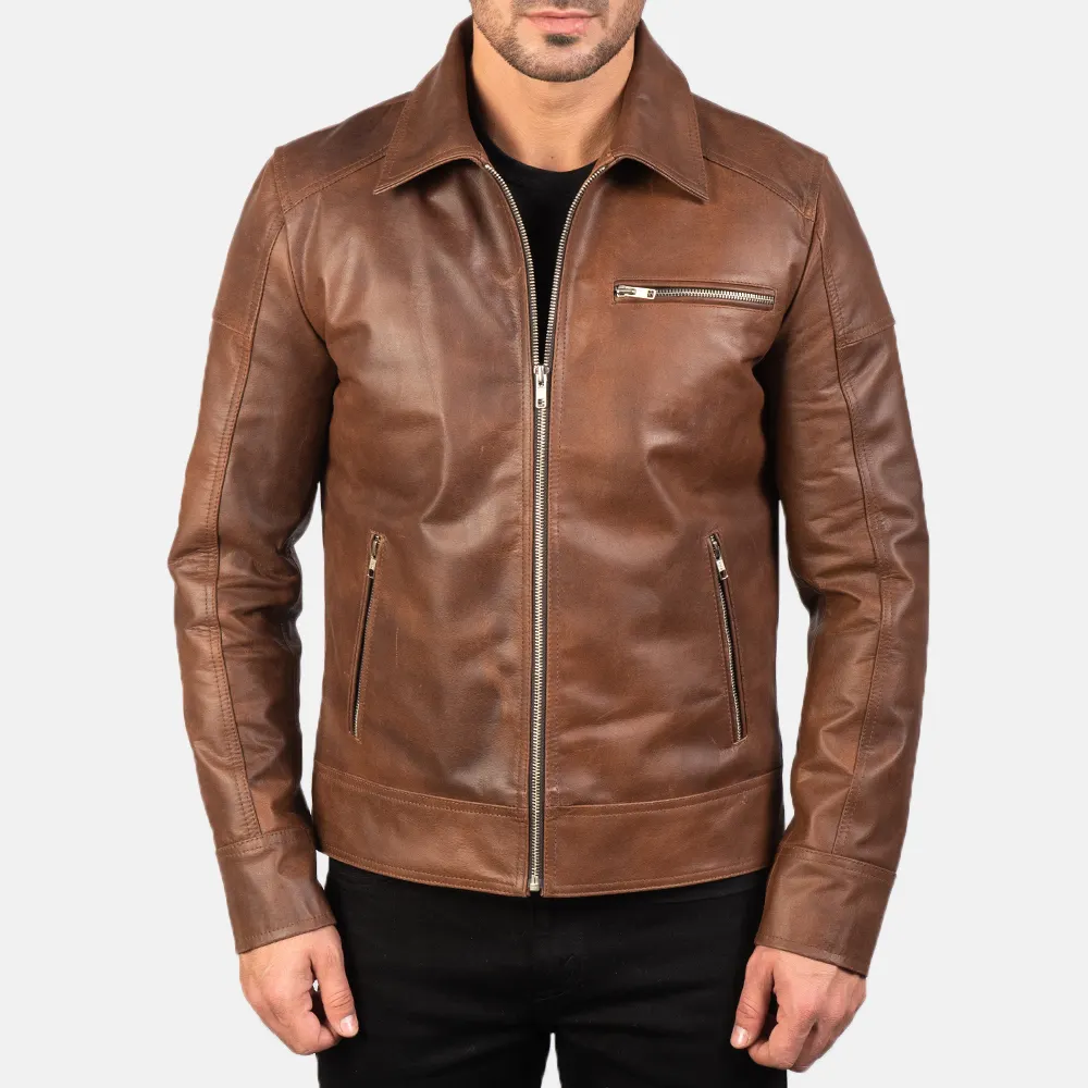 Real Leather Sheepskin Aniline Zipper Lavendard Brown Men Biker Jacket with Quilted Viscose Lining and Inside Outside Pockets