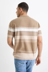 T-shirt en tissu éponge anti-rides pour homme, manches courtes, imprimé rayé, col Johnny, pull-over, tissu éponge pour l'été - Product Image 2