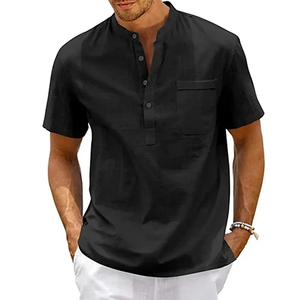 Camisa de lino y algodón para hombre, cuello Henley, bolsillo, informal, para playa, manga corta, Color sólido, camisetas para hombre, ropa de calle Vintage - Product Image 4