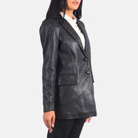 Blazer en cuir GLOBAL LEATHER pour femme, col cranté, double boutonnage, doublure matelassée en peau de mouton noire, manches longues, imprimé tricoté