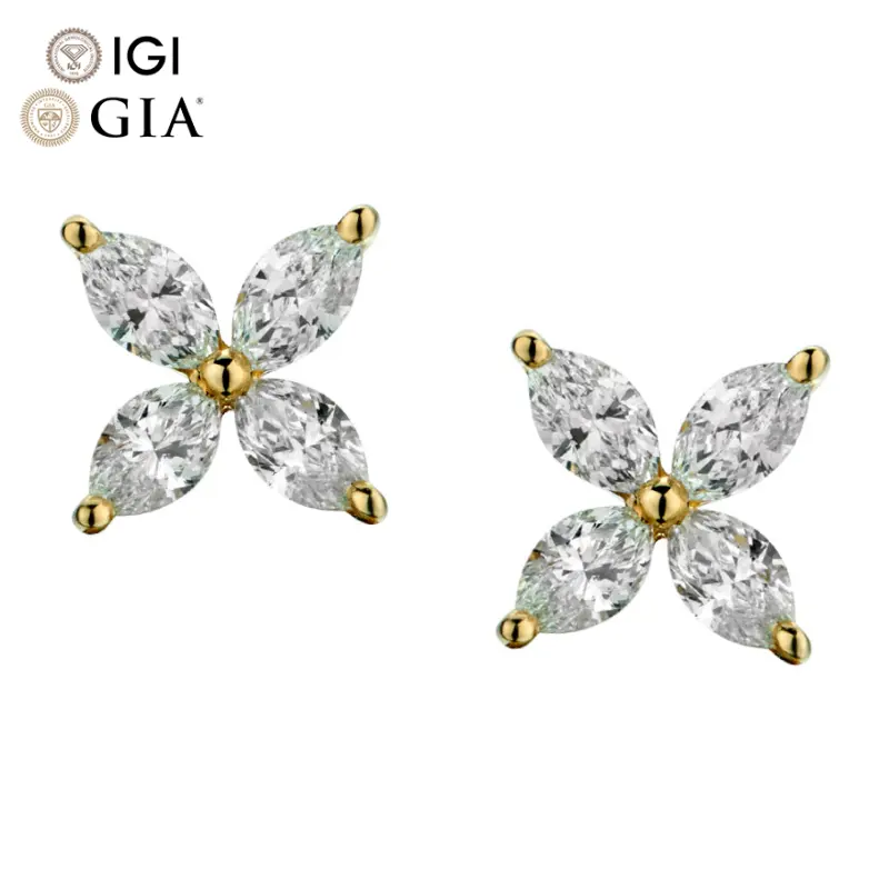 Brincos de argola IGI GIA CVD Certified Lab Made Criados com diamante cultivado 14K 18K ouro maciço Brincos de argola com corte floral para marquise