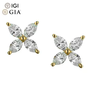 Igi Gia Gecertificeerde Cvd Lab Gemaakt Gegroeide Diamant 14K 18K Massief Gouden Stud Hoepel Oorbellen Marquise Gesneden Bloemen Oorknopjes