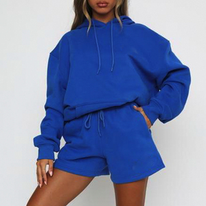 Conjunto de Dos Piezas de Sudadera con Capucha y Pantalones Cortos con Cordón para Mujer, Diseño de Diseñador al por Mayor, Ropa de Mujer Lisa sin Estampado - Product Image 6