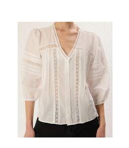 Blusa Bohemia con Estampado a Mano, 100% Algodón, Largo Regular, Estilo Vintage Informal, Primavera Verano, Tejida, Cuello en V, Vacaciones, Resort - Product Image 5