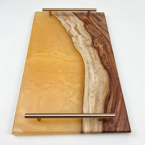 Modern Amber Epoxy Resin Walnut Wood Serving Tray Rose Gold Metal Handles Handmade Charcuterie Board Kitchen Platter <b>Plate</b> Decor - Product Image 1
