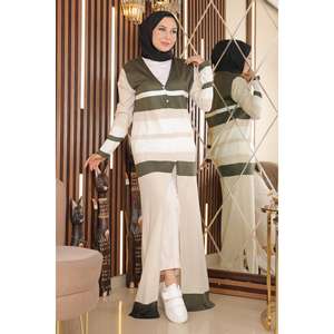 Vestido Casual Largo de Punto con Detalle de Botones y Patrón a Rayas Crochet - Product Image 1