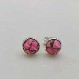 925 Sterling Silver Stud Earrings Minimalist Pink Turquoise Gemstone Diamond Handmade Jewelry with Copper <b>Posts</b> Main Stone - Product Image 3