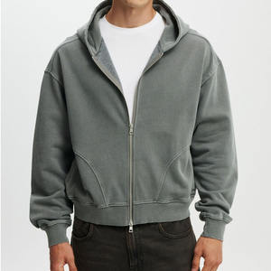 MOVATEXTILE Basics Charcoal Grey Washed <b>Zip</b>-<b>Up</b> Style Oversized <b>Cropped</b> StreetwearVintage Look Outerwear Men Short Length <b>Hoodies</b> - Product Image 1
