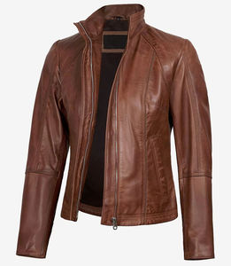 Ropa de calle personalizada, color marrón en blanco, con cremallera, bolsillos delanteros, chaquetas de cuero de motorista para mujer, Invierno personalizado - Product Image 1