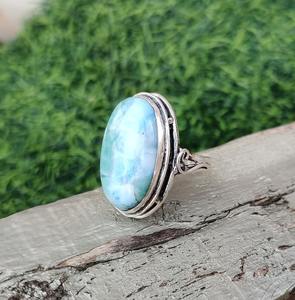 Anillo de piedras preciosas Larimar de Plata de Ley 925 estilo bohemio, regalo de boda chapado en rodio hecho a mano para mujeres para fiestas - Product Image 2