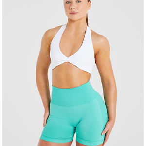 Custom Logo Jade Green Empower <b>Shorts</b> And <b>White</b> Essential Halterneck Sports Bra <b>Women</b> Sets Workout Gym Two Piece Set For <b>Women</b> - Product Image 1