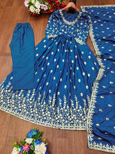 2024 verano cuello redondo Chinon bordado Chinon vestido con bordado de secuencia trabajo tejido hasta el suelo lavable - Product Image 6