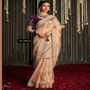 最优质的印度时尚棉和人造丝面料女式纱丽婚纱纱丽，用于婚礼和节日服装