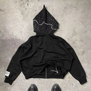 Men's Autumn Streetwear Oversized <b>Hoodie</b> 100% Cotton with Embroidered Rhinestones and Letter Pattern Heavyweight Hip-hop - Product Image 4