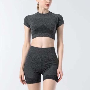 Women's Grey Workout Sets Lightweight Seamless 2-Piece High Waist Yoga Shorts <b>Stretch</b> Sports <b>Bra</b> Custom Material-Spandex - Product Image 2