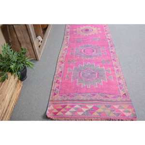 Tapis Turc Vintage Grand 3.1 X 11.2ft Rose Violet Laine avec Motif Abstrait Patchwork Design pour Couloir Chambre Latex Soutenu - Product Image 3