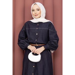 Conjunto de Camisa y Falda de Mezclilla Azul Marino Modesto en Tencel, Cómodo y Elegante - Product Image 2